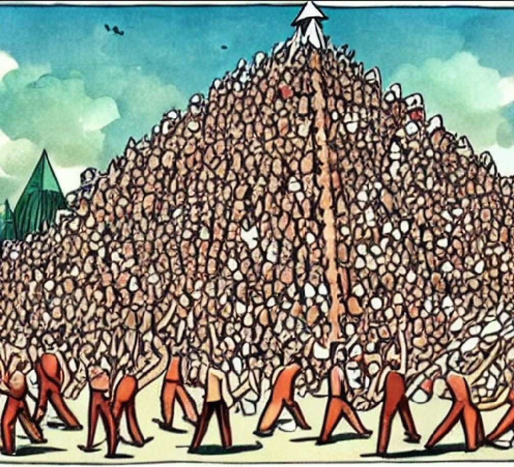 A pyramid engulfed by people fighting to reach the top