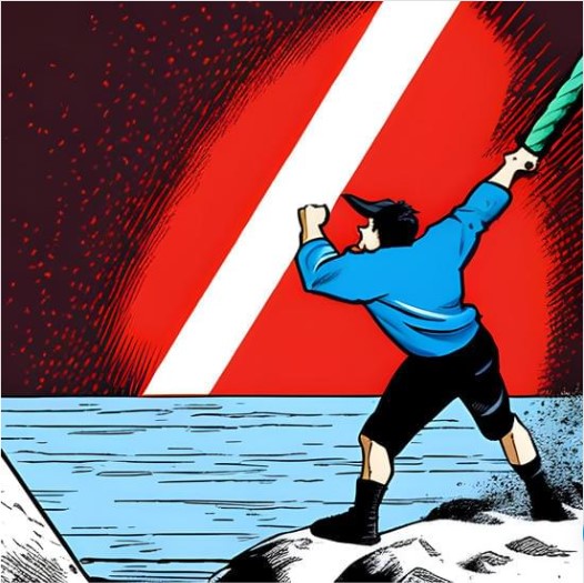 A red barrier being sliced by a person with a sword standing at the edge of the shore
