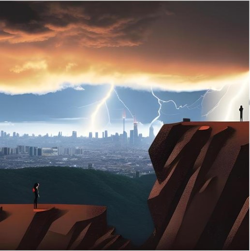 Isolated people on cliffs overlooking a chaotic world and a raging storm in the background