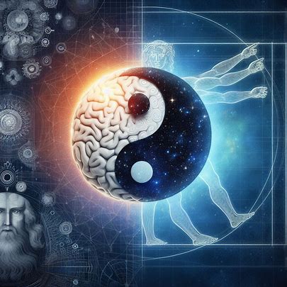 a graphic representation of cognitive balance considering cognition, emotion, and behaviors, where a yin and yang or zen symbol depicted with the light half as a brain and the dark half as stars in our universe, is in the foreground and a stylized Leonardo Da Vinci's Vitruvian Man is in the background